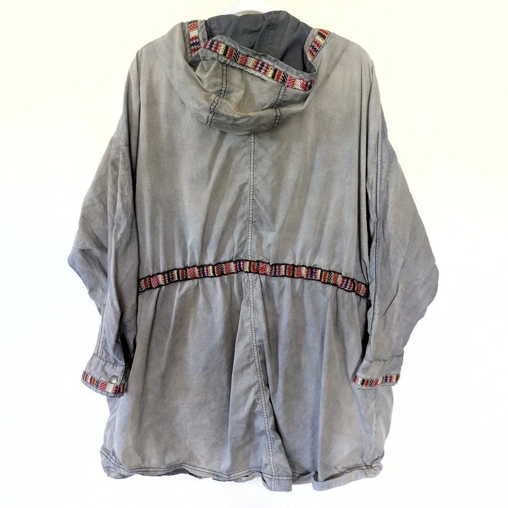 Free People Poplin Dolman Parka Jacket Green Gray Boho Utility Embroidered XS/S